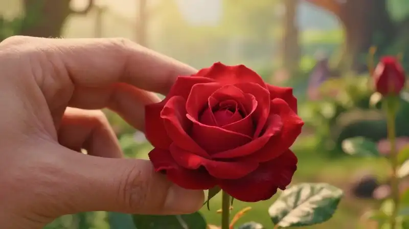 A hand delicately inspect a vibrant red rose in a magical garden