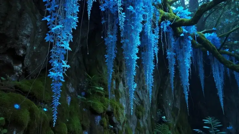 Glowing blue liquid cascades over a mossy, magical cliff