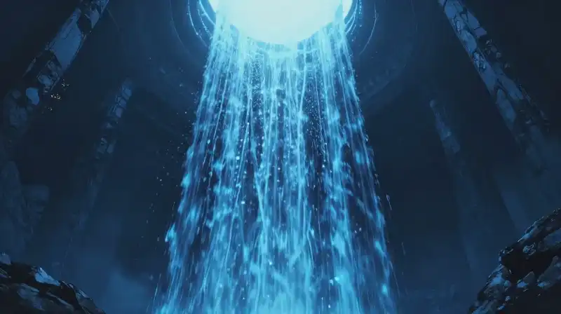 A brilliant blue torrent cascades down a massive, enduring monolith