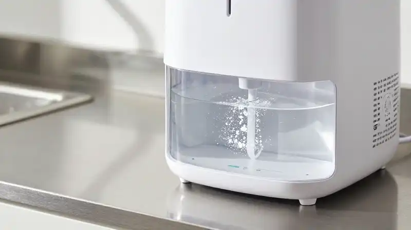 Modern humidifier shines on polished stainless steel beneath bright morning sunlight