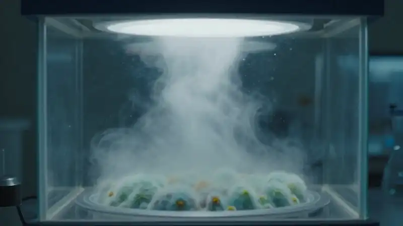 Iridescent spores drift through a sterile, industrial laboratory