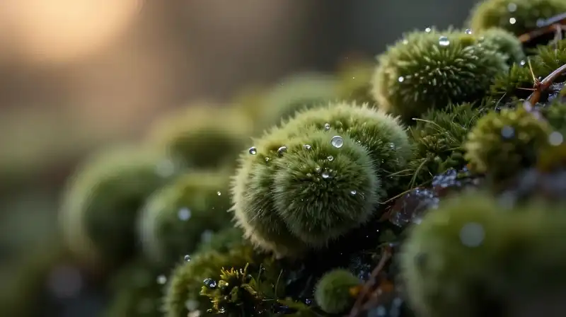 Damp, fuzzy green mold clusters under dim, warm interior light