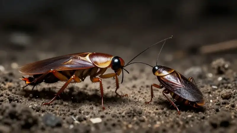 A menacing cockroach faces a struggling bed bug in a dusty void