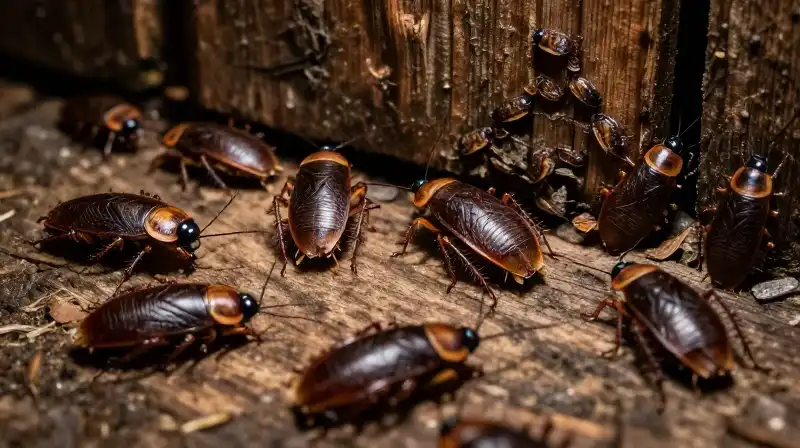 Dark insects inhabit detailed, decaying wooden baseboards