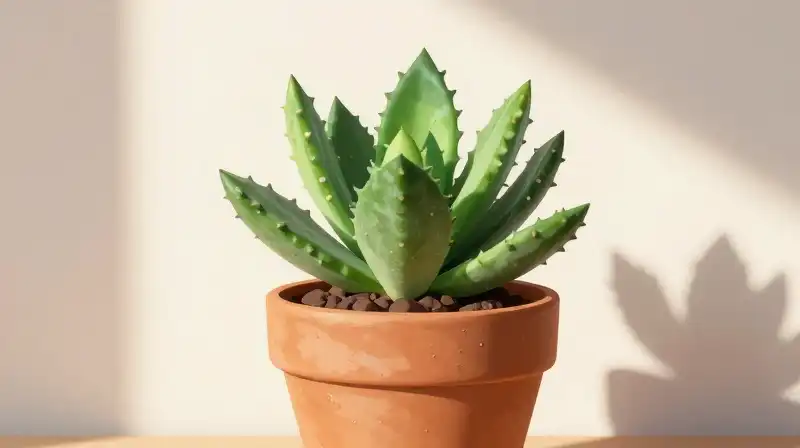 Vibrant succulent in a weathered terracotta pot sits under soft morning light