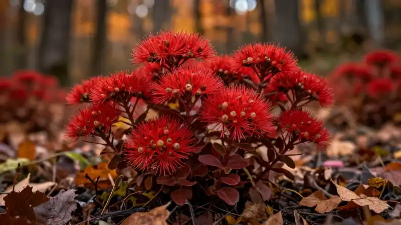 Vibrant crimson sedum clusters grow among a textured autumn forest floor