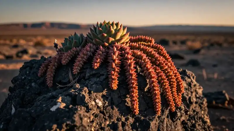 Crimson succulents cascade over sharp obsidian in golden desert light