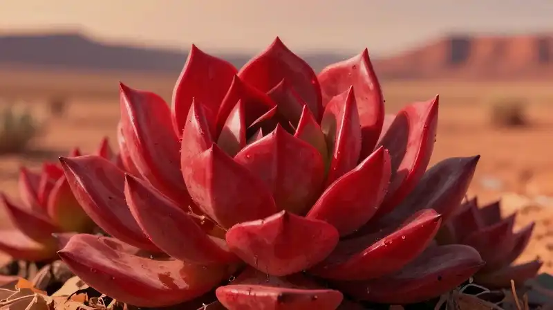 Crimson sedum succulents bloom vividly across a sun-drenched arid desert