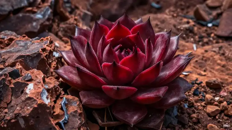 Vivid scarlet succulent cluster set against jagged desert rocks