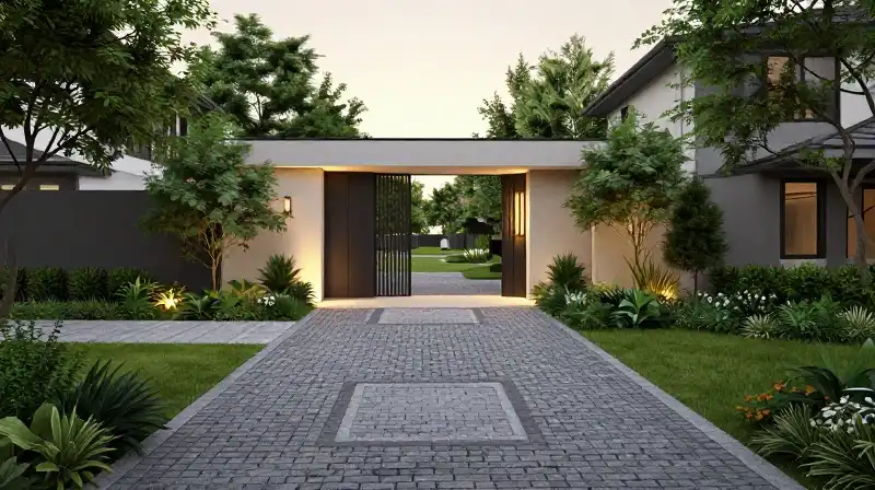 A modern, geometric entryway framed by symmetrical landscaping and golden light
