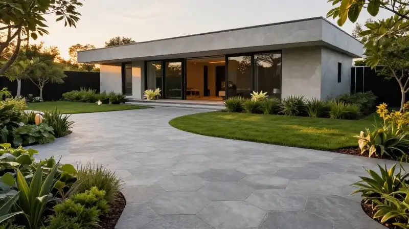 Golden hour illuminates a minimalist house surrounded by lush, manicured landscaping