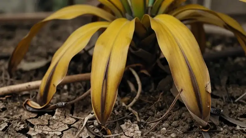 Dying tropical plant leaves yellow against cracked dry earth
