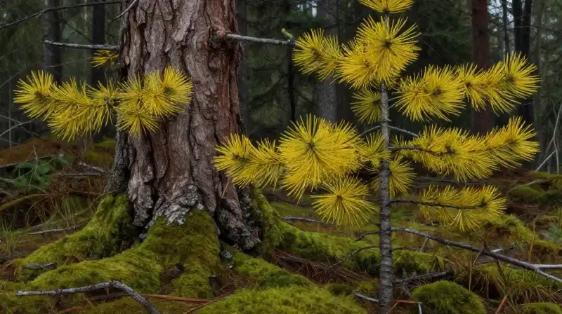 A vibrant yellow Eastern Larch tree stands ruggedly on a mossy forest floor