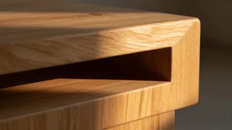 Warm golden light hits intricate carved wood in a modern setting