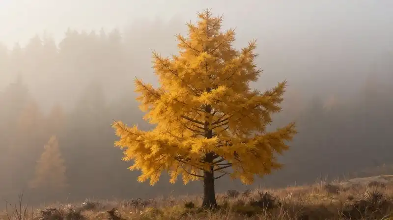 A golden Eastern Larch stands solitary amidst a misty, beautifully illustrated forest