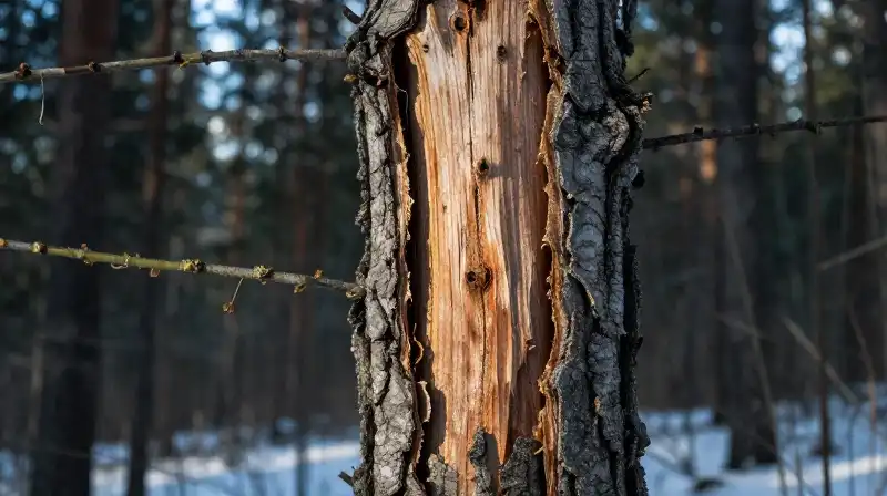 Wounded larch bark reveals scars in stark winter light