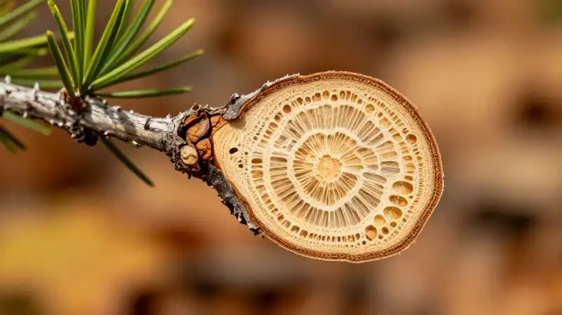 Intricate larch wood cross-section resting on a warm autumn forest floor