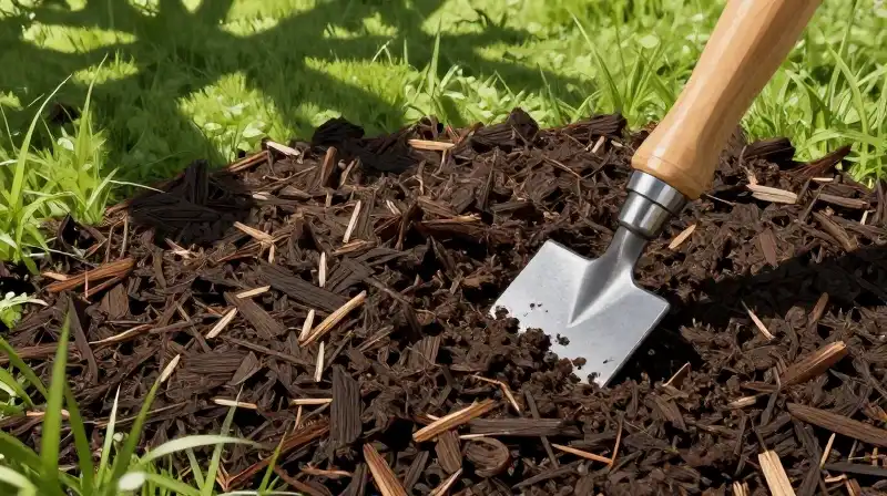 A detailed patch of dark mulch sits on lush soil under bright dappled sunlight
