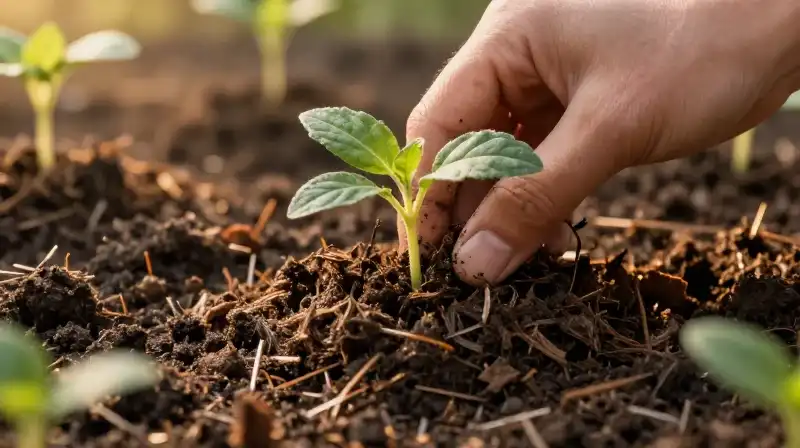 A hand tends to vibrant seedlings under warm golden light