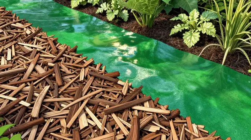 Vivid eco-polymer mulch split garden is bathed in soft morning sunlight