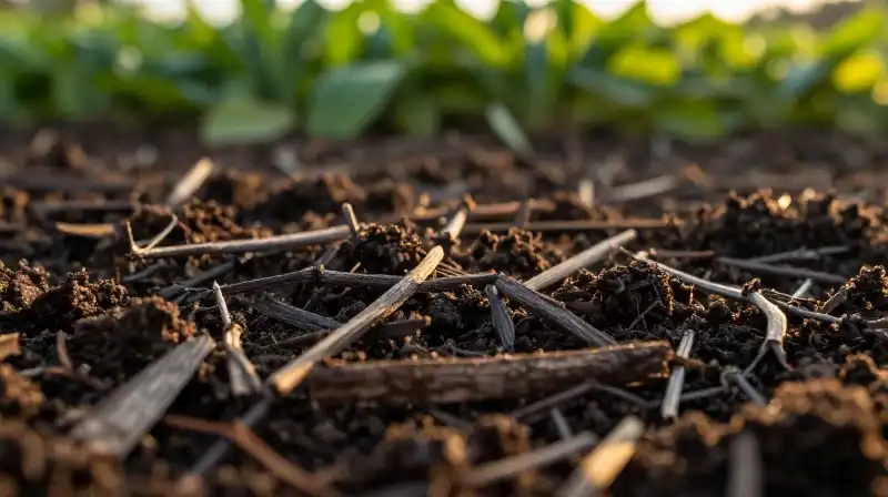 Golden sunlight illuminates vibrant green leaves and rich dark soil