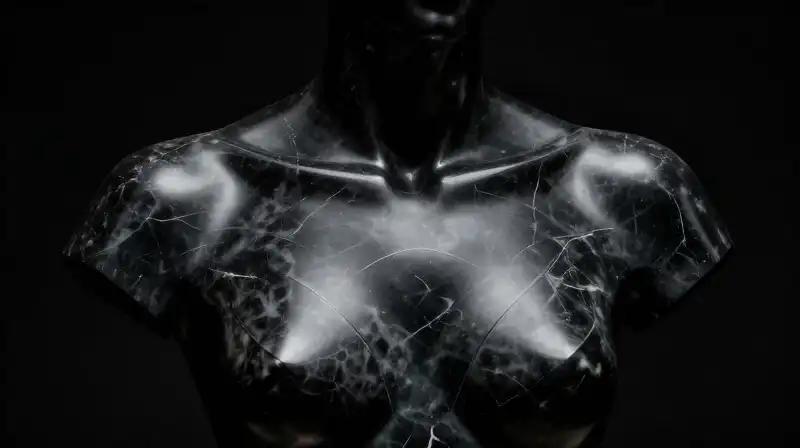 A dark marble bust featuring sleek, exaggerated shoulders under dramatic light