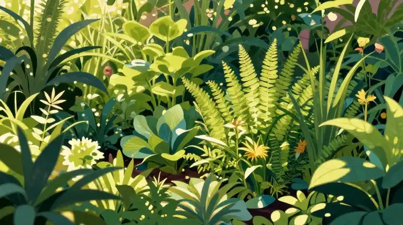Lush green foliage glows under warm, dappled golden sunlight