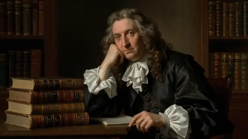 A scholar sits pensively amidst aged leather books in a richly shadowed study