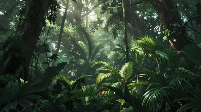 Lush foliage and misty jungle bathed in dappled sunlight