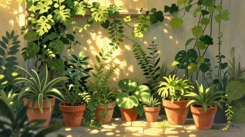 Golden sunlight illuminates a whimsical, lush container garden overflowing with vines