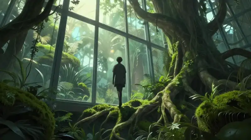 A stylized figure climbs a giant terrarium of lush moss and roots