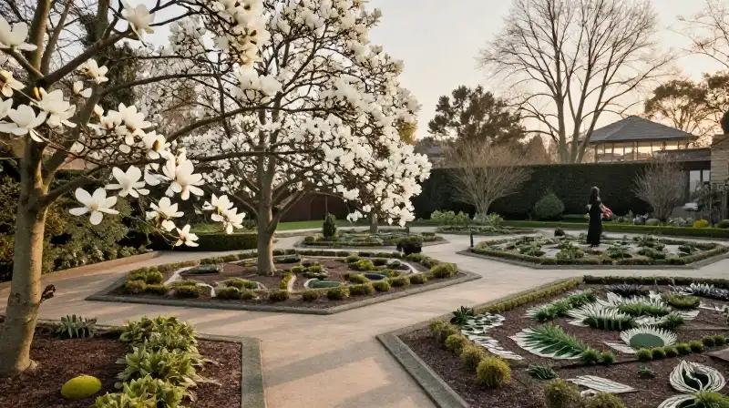Woman thoughtfully observes white magnolia in structured golden light