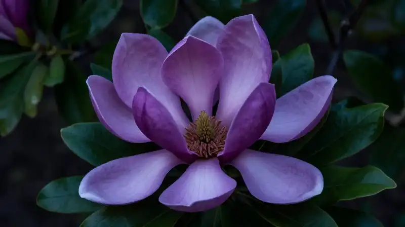 Magnificent waxy purple magnolia petals emerge from deep emerald foliage
