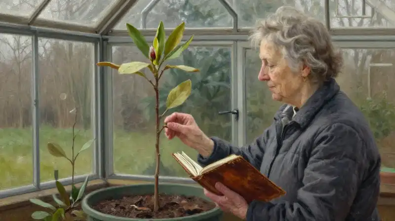 A gentle woman tends a young sapling inside the sunlit greenhouse