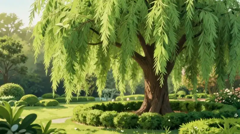 A weeping tree with vibrant green foliage stands in a manicured garden bathed in soft morning sunlight