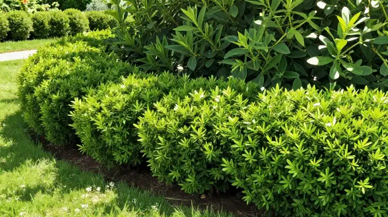 Emerald trees form a dense, sunlit border in the manicured suburban garden