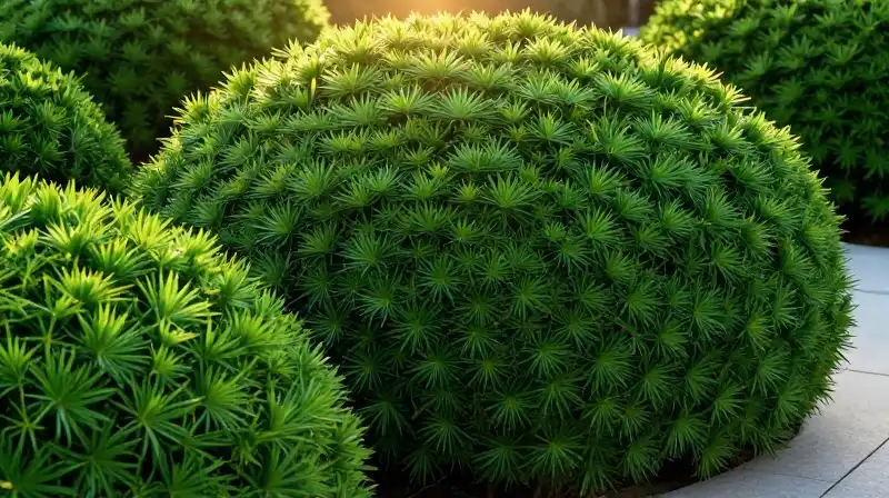 Golden sunlight bathes the massive, emerald arborvitaes in a modern garden