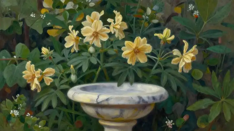 Golden light warms daphne flowers on an ancient marble pedestal