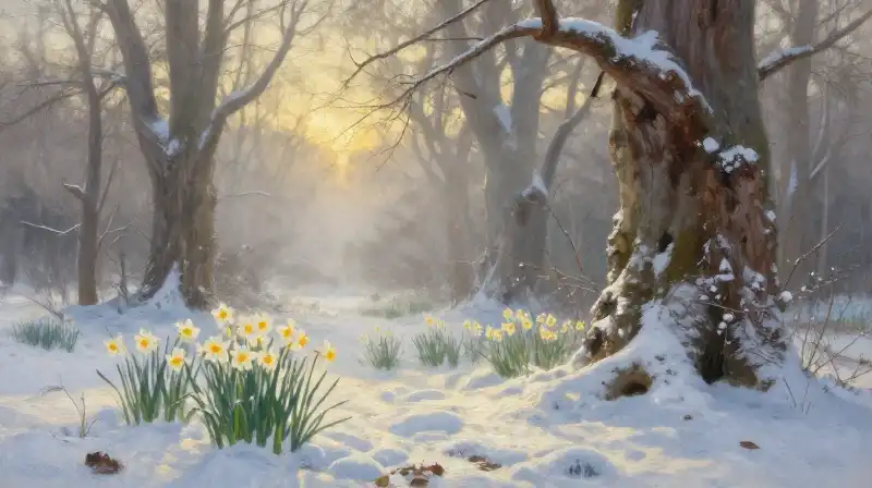 Daffodils bloom through misty, snow-covered oak forest under golden light