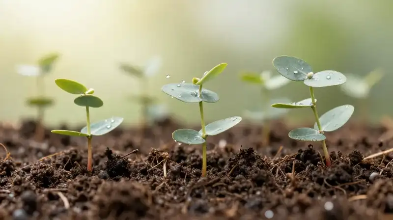 Tiny seedlings grow in moist soil, bathed in soft, ethereal light