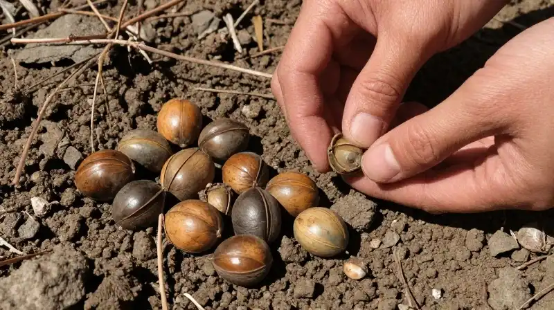 Hands carefully gather eucalyptus seeds from weathered earth under intense sun
