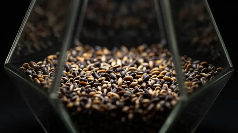 Seeds are sharply held in geometric glass, intensely lit by dramatic light