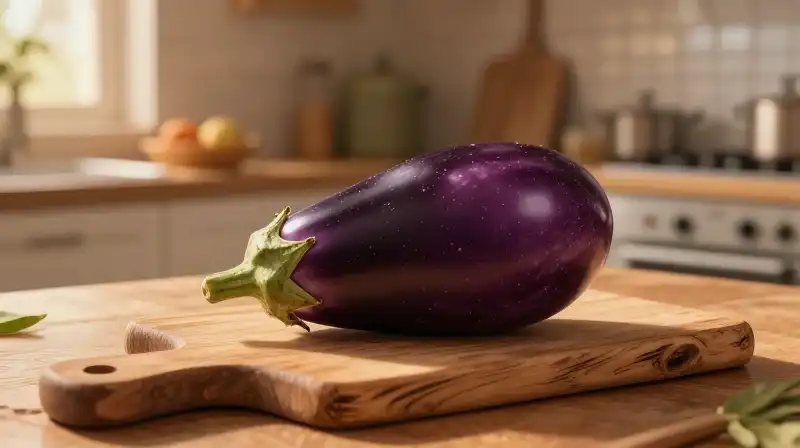 A magical eggplant on rustic wood within a warm, cozy kitchen