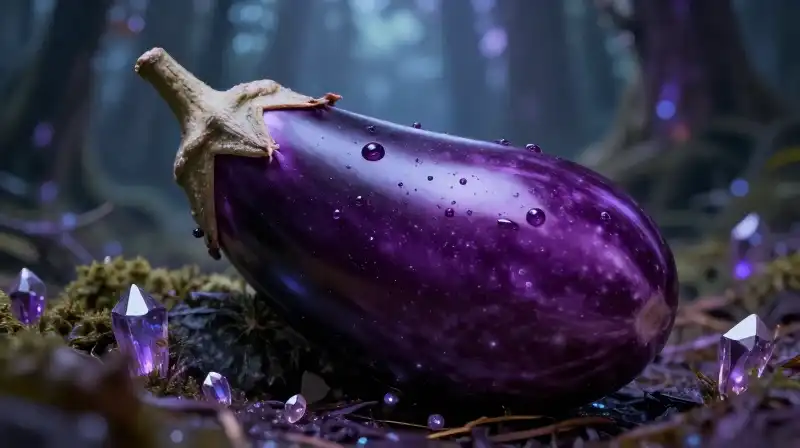 Deep violet eggplant crystals glow within a mystical forest