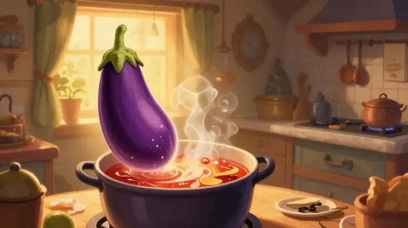 A magical eggplant bubbles in a whimsical, warm, glowing kitchen pot
