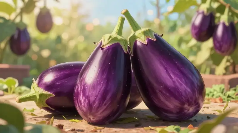 Vibrant purple fairytale eggplants thrive in a sun-drenched garden