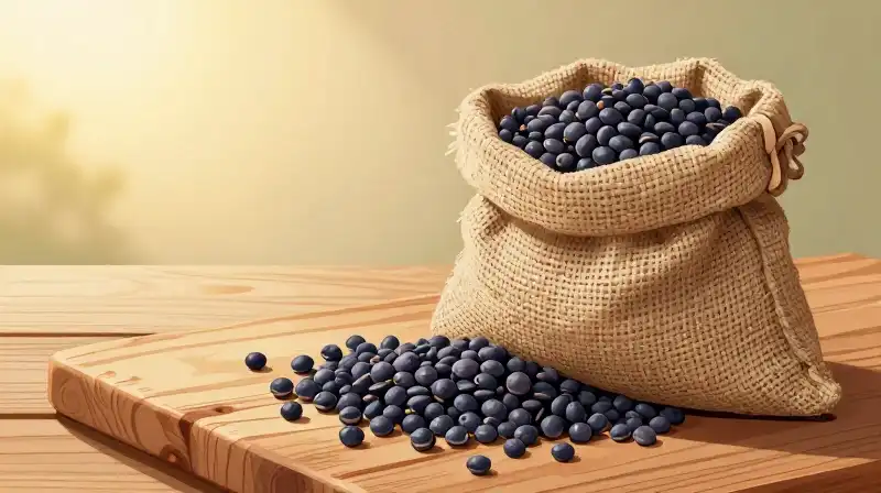 A sack of indigo seeds rests on a wooden table during a golden sunset
