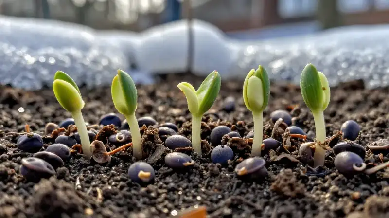 Sprouting indigo seeds break frozen, dark soil