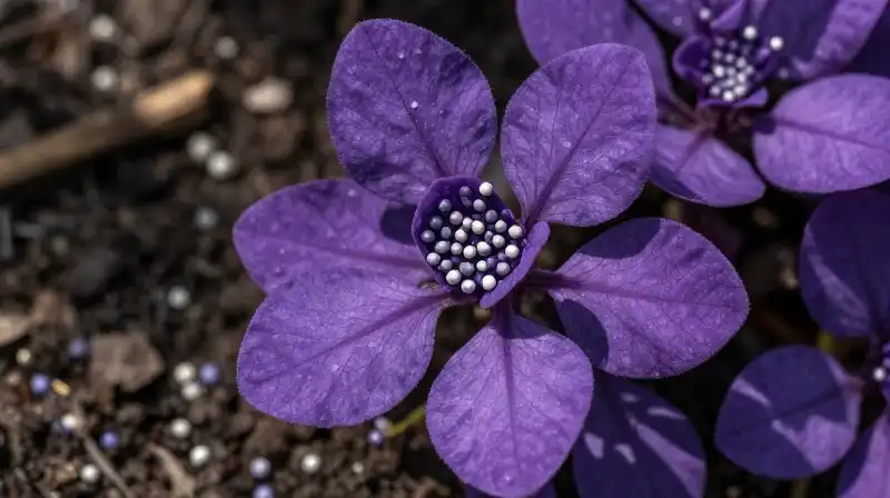 Vibrant purple foliage and seeds rest on dark, damp earth
