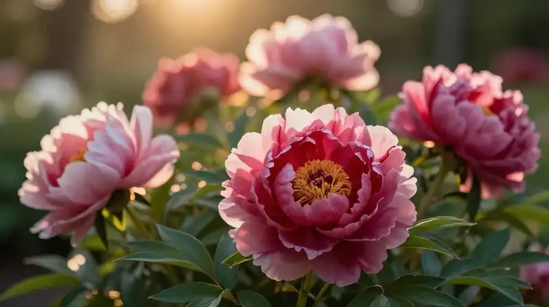 Lush, glowing peonies stand in a blurry garden of golden light